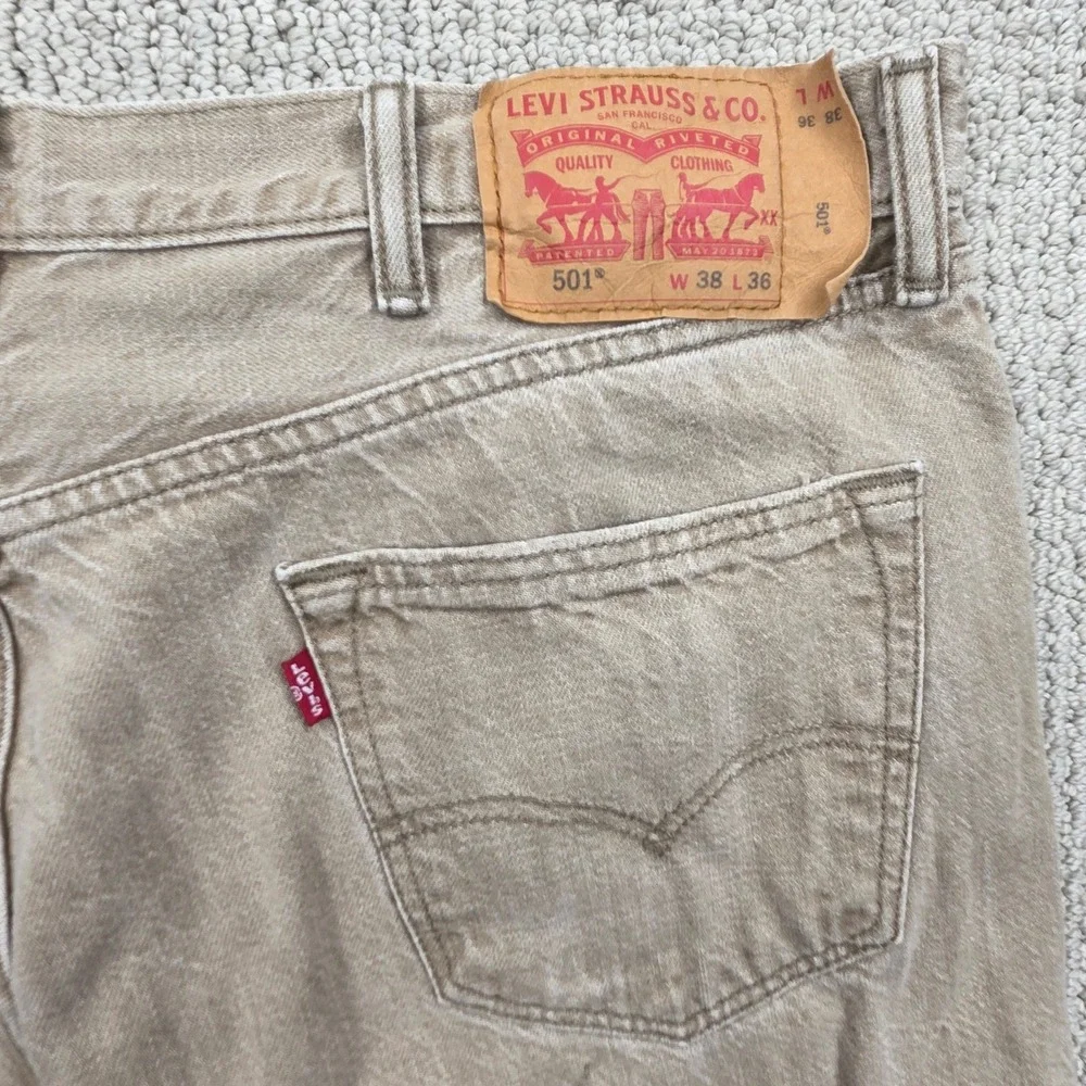 Levis 501 Button Fly White Oak Cone Denim Jeans Tan Mens 38x36 USA